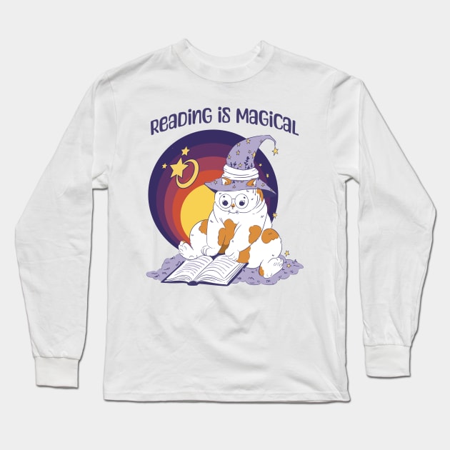 Reading Is Magical Adorable Cat in Witch Hat design Long Sleeve T-Shirt by Luxinda